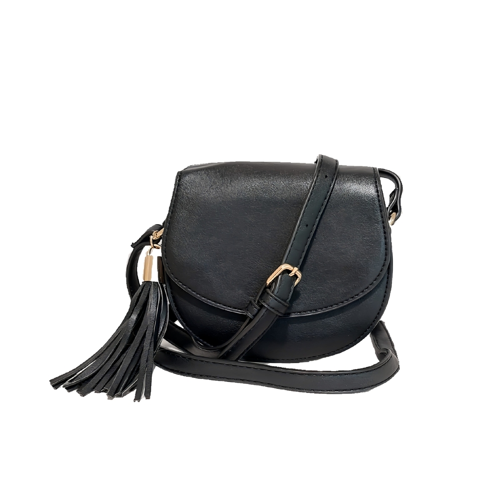 Forever 21 Black Faux Leather Adjustable Strap Crossbody Bag With Tassle